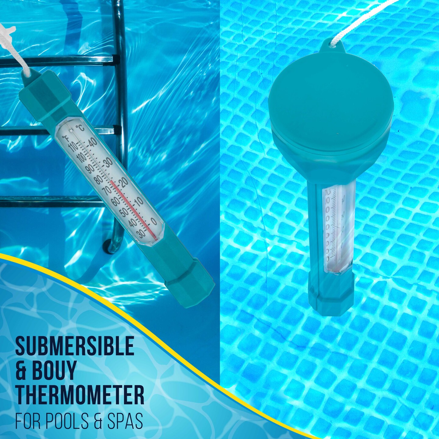 U.S. Pool Supply Floating Buoy Pool Thermometer with Jumbo Easy-To-Read Temperature Display, Teal Blue, Tether String - Up to 110&#xB0; F, 40&#xB0; C, Spa, Pond