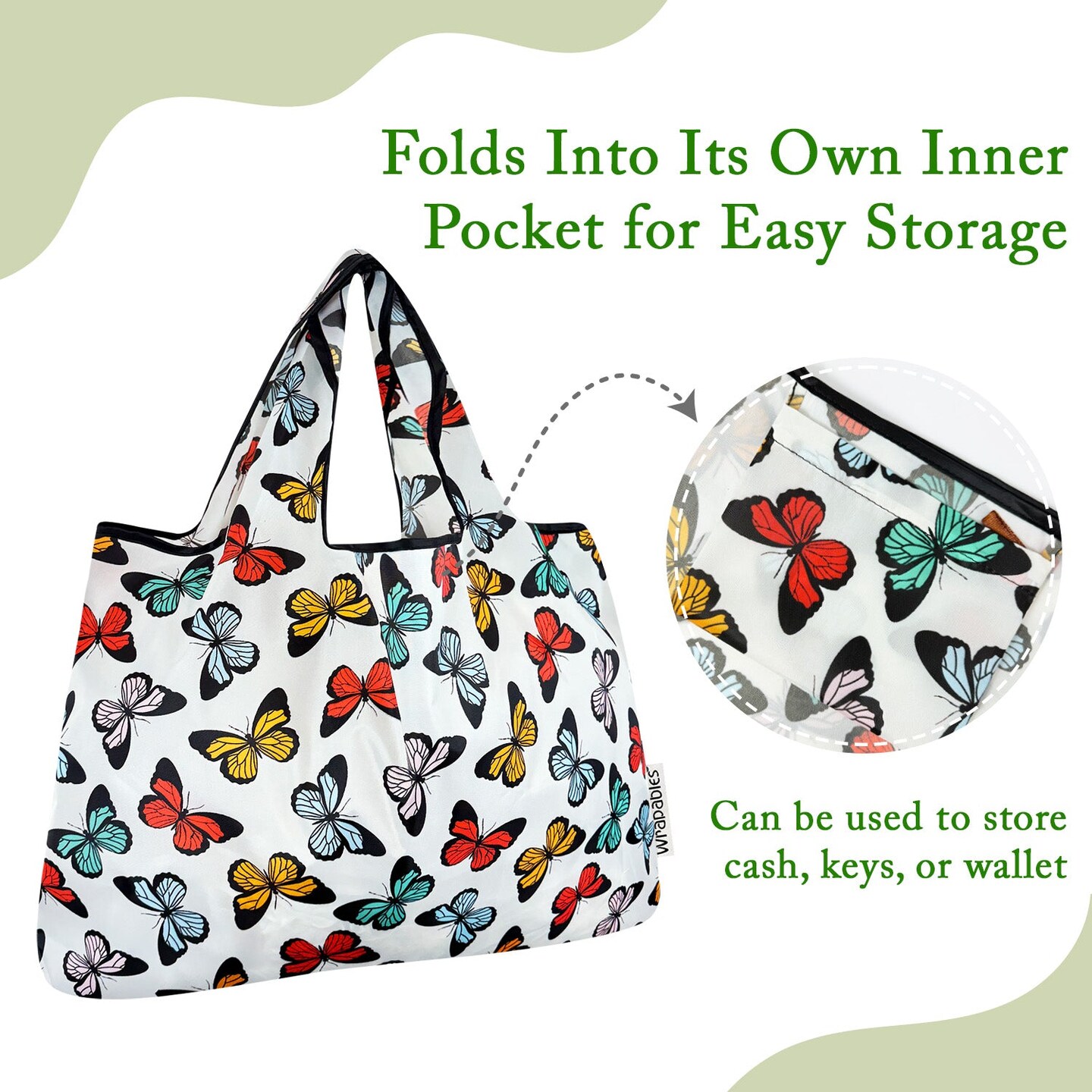 Wrapables Large Foldable Tote Nylon Reusable Grocery Bags, Rainbow Butterflies