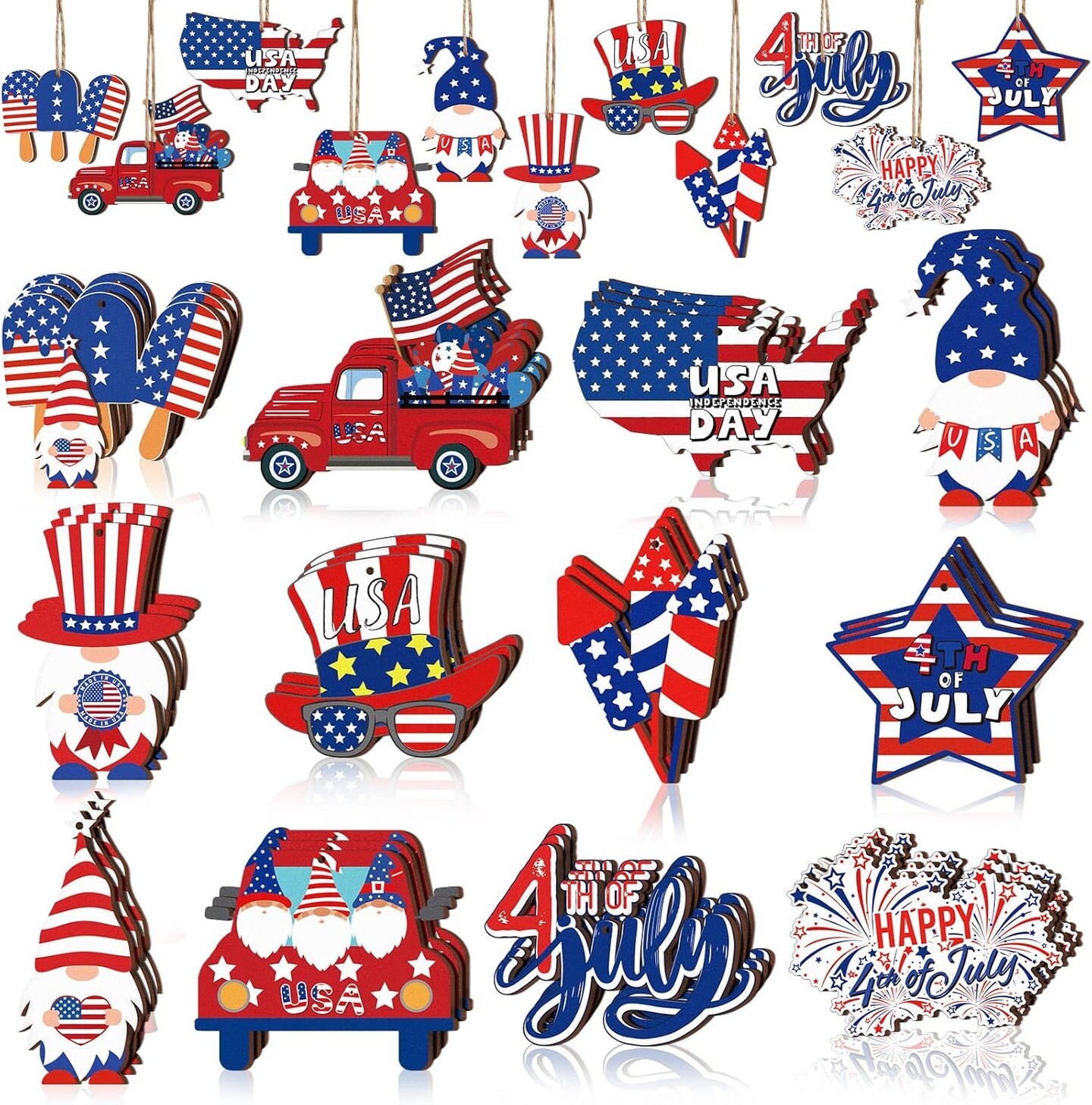 4th of July Ornaments for Tree Independence Day Wooden Gnome Hanging Decor Red White Blue Wooden Decor Memorial Day Leprechaun Cutouts Pendant for Summer Party Home Supplies