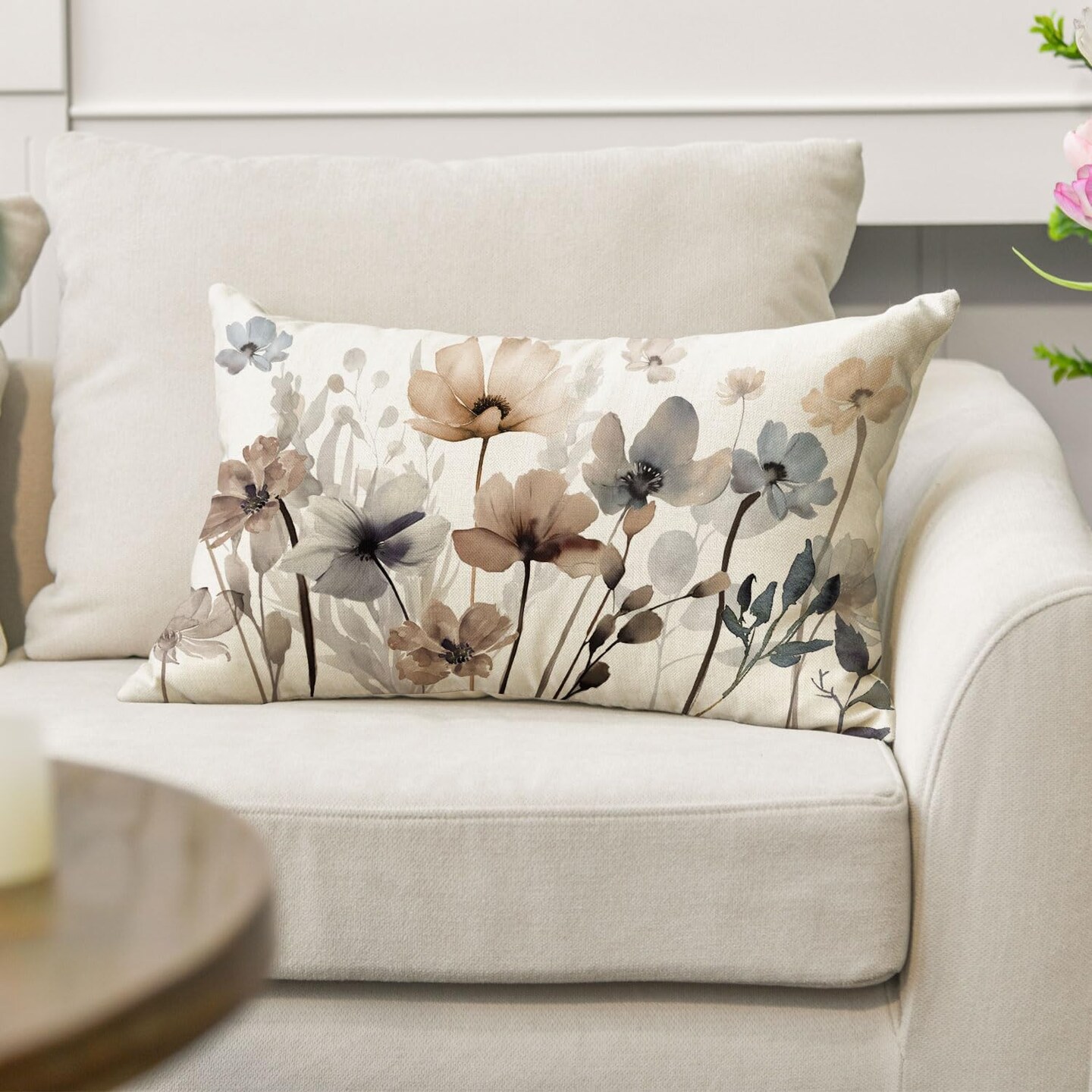 Poppy Flowers Chinoiserie Throw Pillow Cover, 12 x 20 Inch Spring Seasonal Leaves Cushion Case Decoration for Sofa Couch Farmhouse