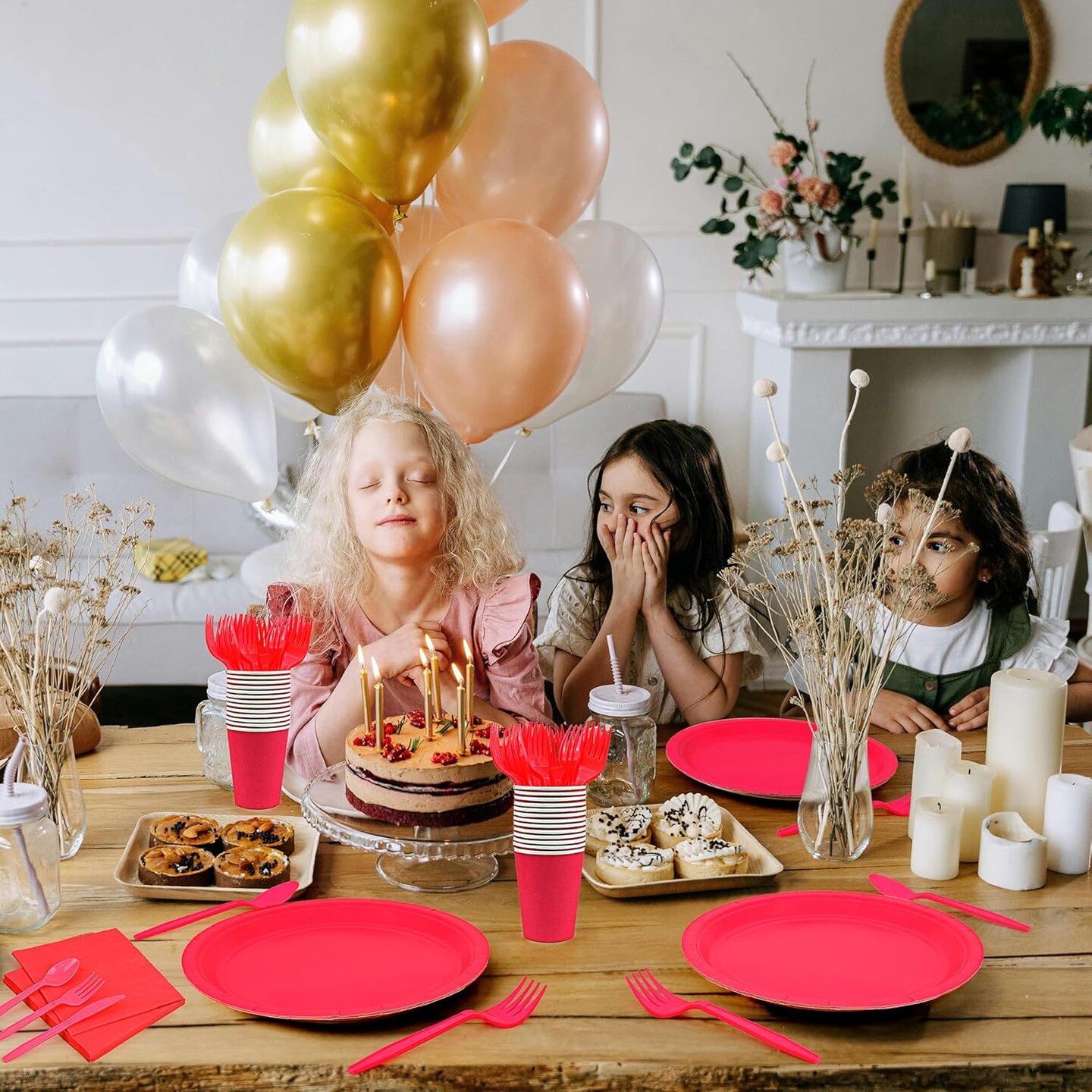 Red Disposable Party Tableware Set - 168pc Premium Paper Plates, Napkins, Forks &#x26; Tablecloth for Birthday, Weddings, Celebrations