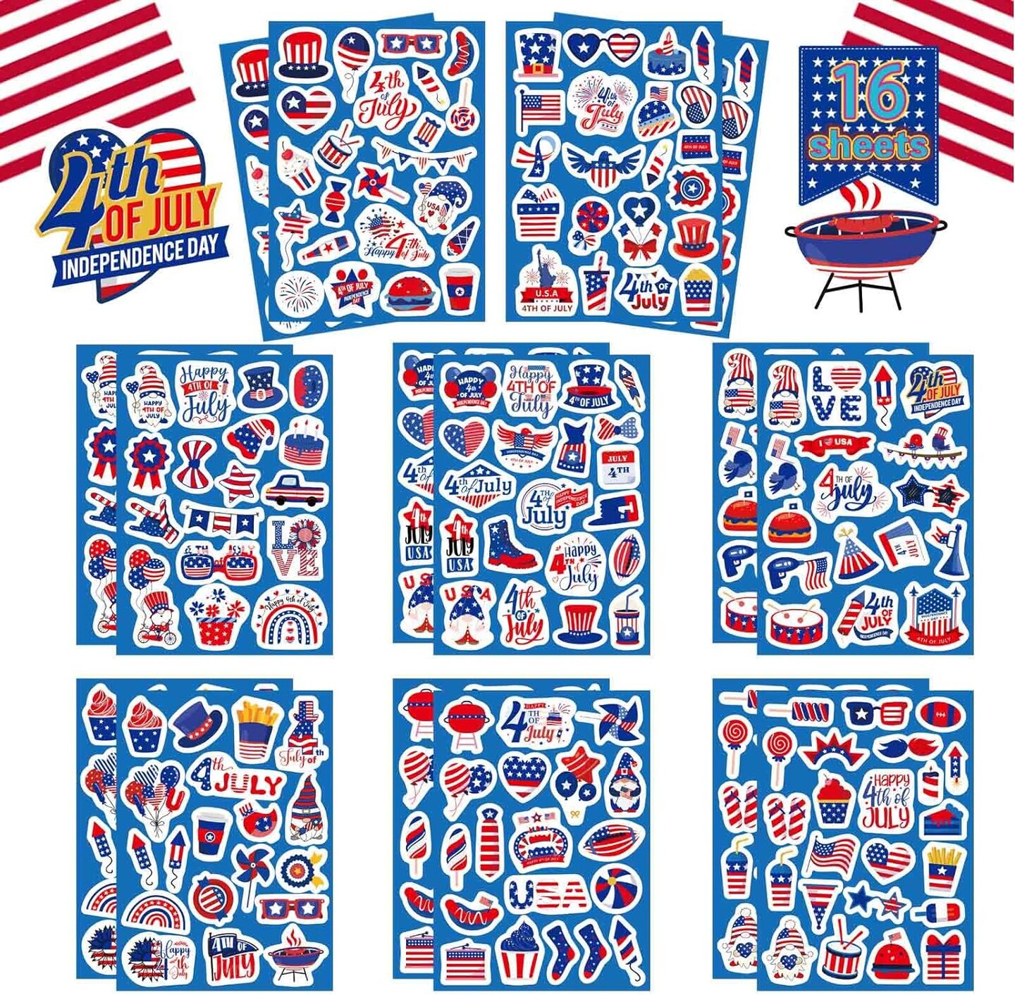 4th of July Patriotic Stickers - 16 Sheets