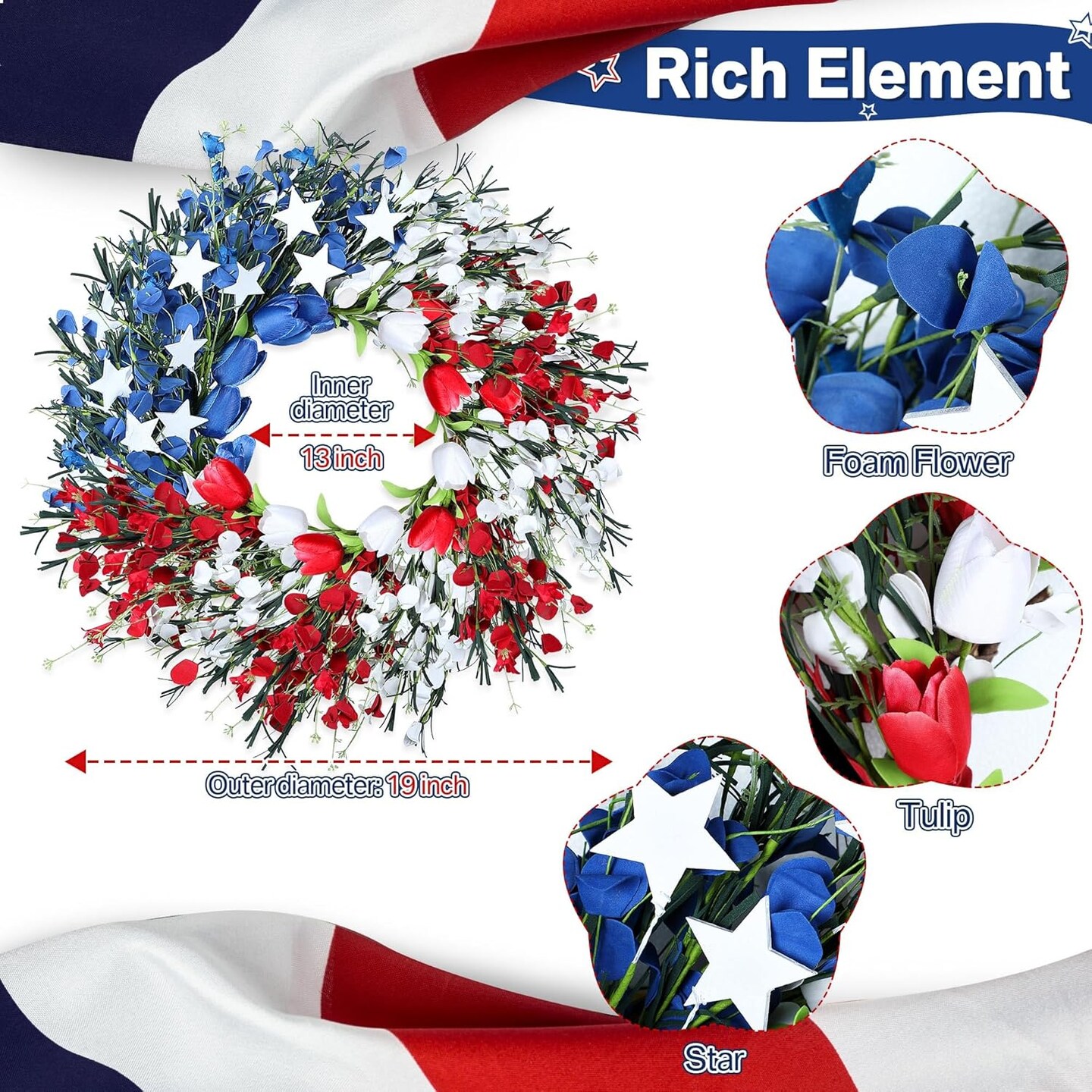 Patriotic 4th July Front Door Wreath, Ideal Red, White and Blue Foam Flower Wreath for Independence Day, Memorial Day and Flag Day, American Wreath with Tulip and Star