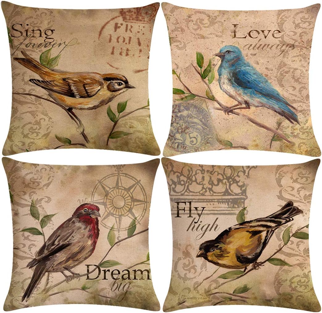 Set of 4 Vintage Bird Pillow Covers Birds On The Branch with Inspirational Words/Sing/Love/Dream/Fly Cushion Cover Cotton Linen Home Decorative Pillowcases