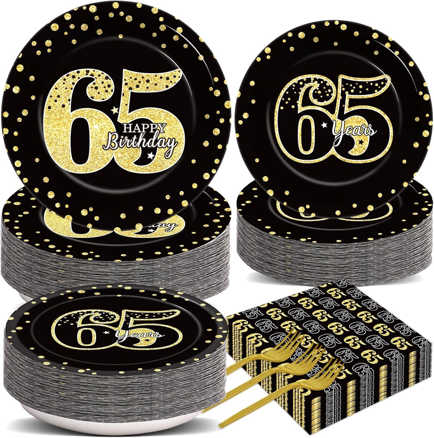 200Pcs 65th Birthday Party Supplies Happy 65th Birthday Gold Black Tableware Dinnerware Set 65 Years Old Plates and Napkins