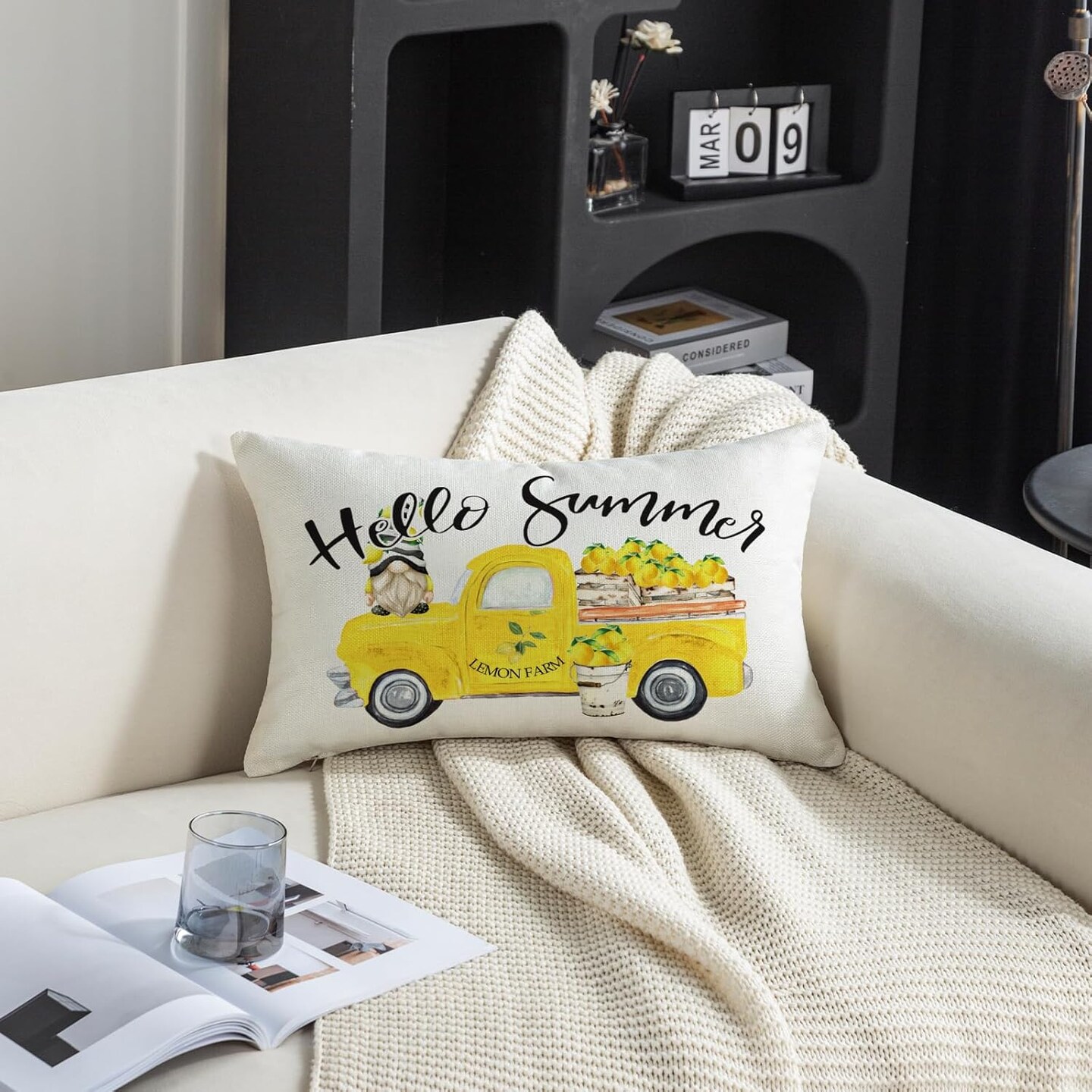 Hello Summer Throw Pillow Cover 12x20 Inch Yellow Truck Lemon Gnome Decorative Pillowcase Farmhouse Seasonal Lumbar Cushion Case for Sofa Couch Porch Home Decor