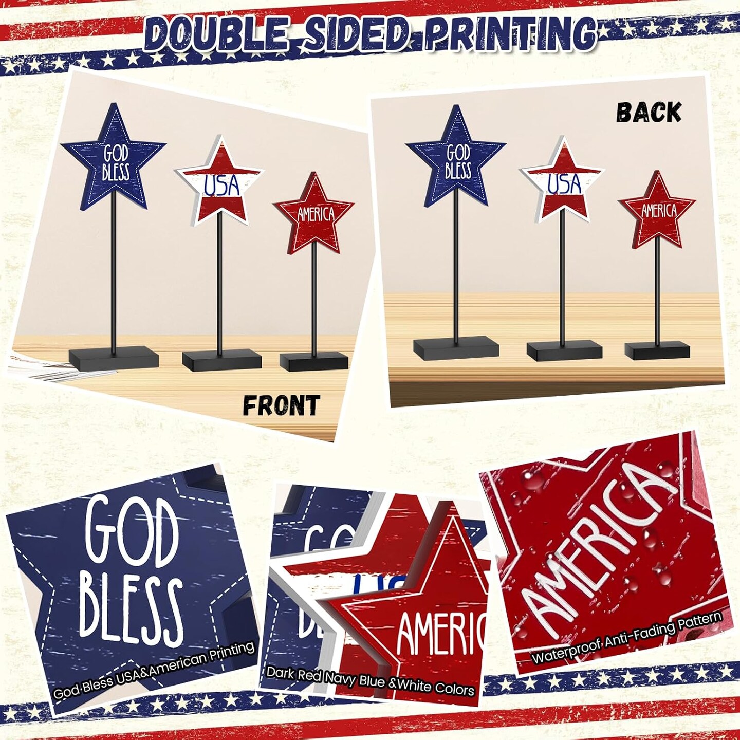 3 PCS 4th of July Wood Star Table Sign, Wooden Patriotic Table Centerpieces, Rustic Memorial Day Tabletop Decorations, Wood Standing Star, Red White and Blue Decorations for Home Office (Text)