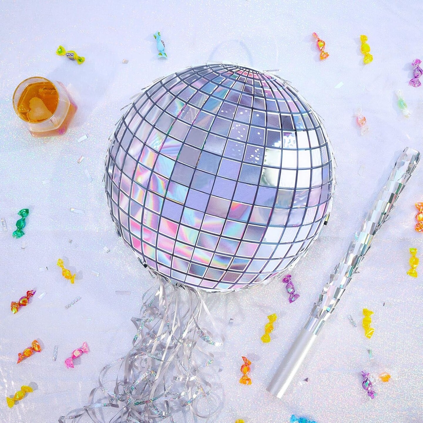 Disco Ball Pi&#xF1;ata - Disco Party Decoration for Adult Birthday Party Supplies Hanging Disco Pi&#xF1;ata with Bat Blindfold Mirror Roller Skating Pull String, 12.2&#x201D; x 12.2&#x201D;