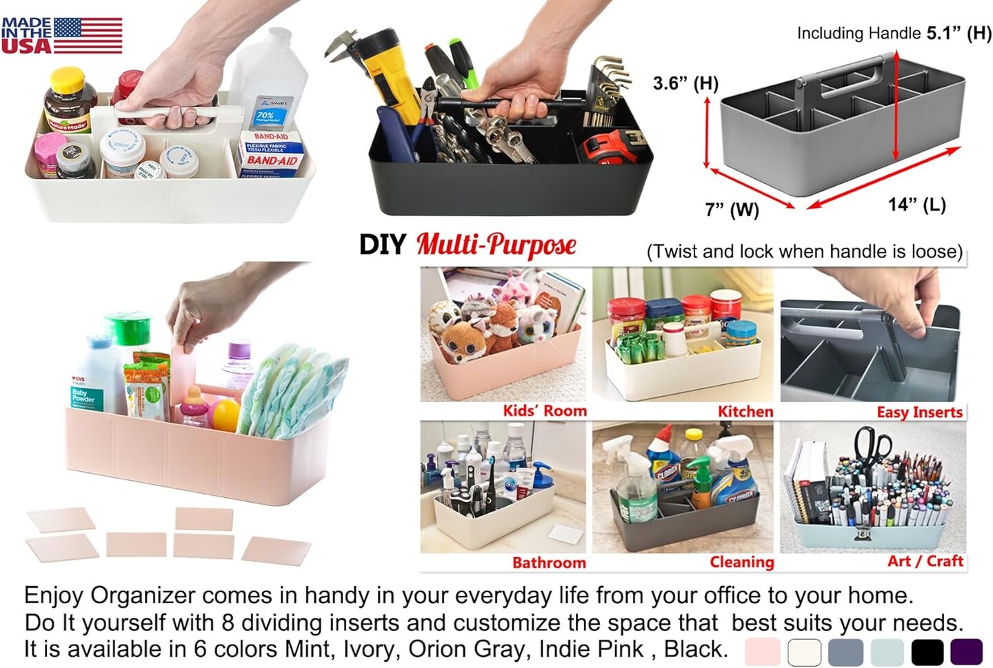 Enjoy Organizer Portable Caddy with Handle – 8-Compartment Storage Bin with Removable Dividers for Office, Crafts, and Home – Made in USA