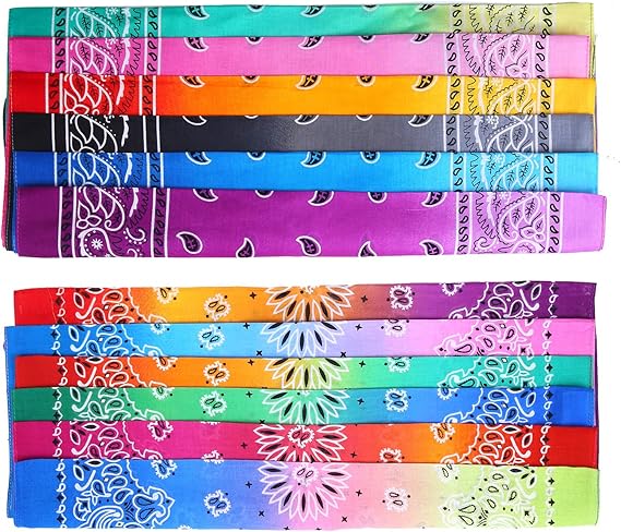 12 Pack Novelty Gradient Cotton Bandanas Paisley Print Head Wrap Handkerchief, 2 Style