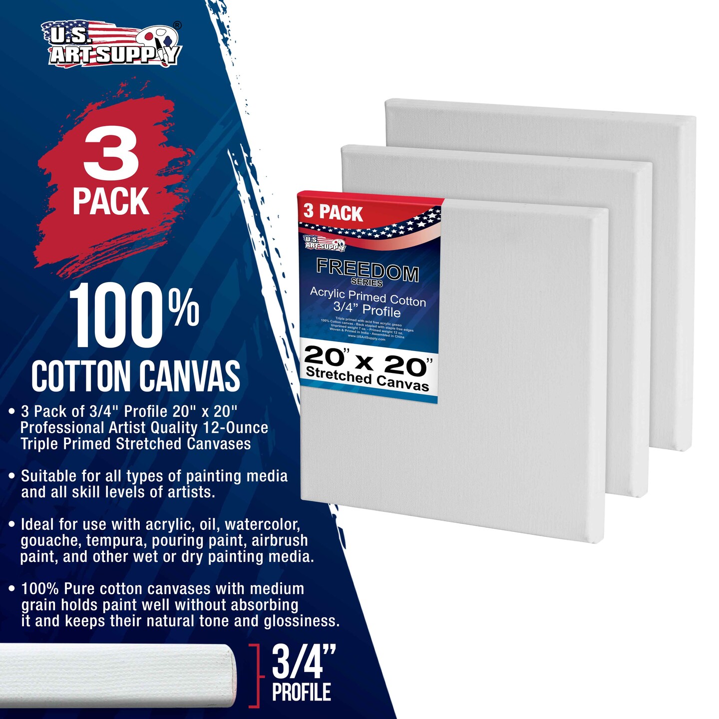 20 x 20 inch Stretched Canvas 12-Ounce Triple Primed, 3-Pack - Professional Artist Quality White Blank 3/4&#x22; Profile, 100% Cotton, Heavy-Weight Gesso