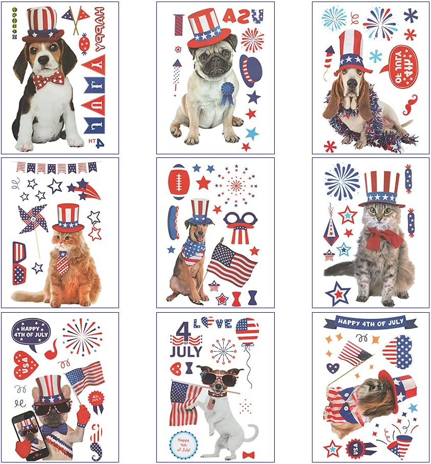 Patriotic PVC Dogs Window Clings, 9 Sheets Reusable 4th of July Decorations for Indoor Use, Wall Decor, Party Supplies