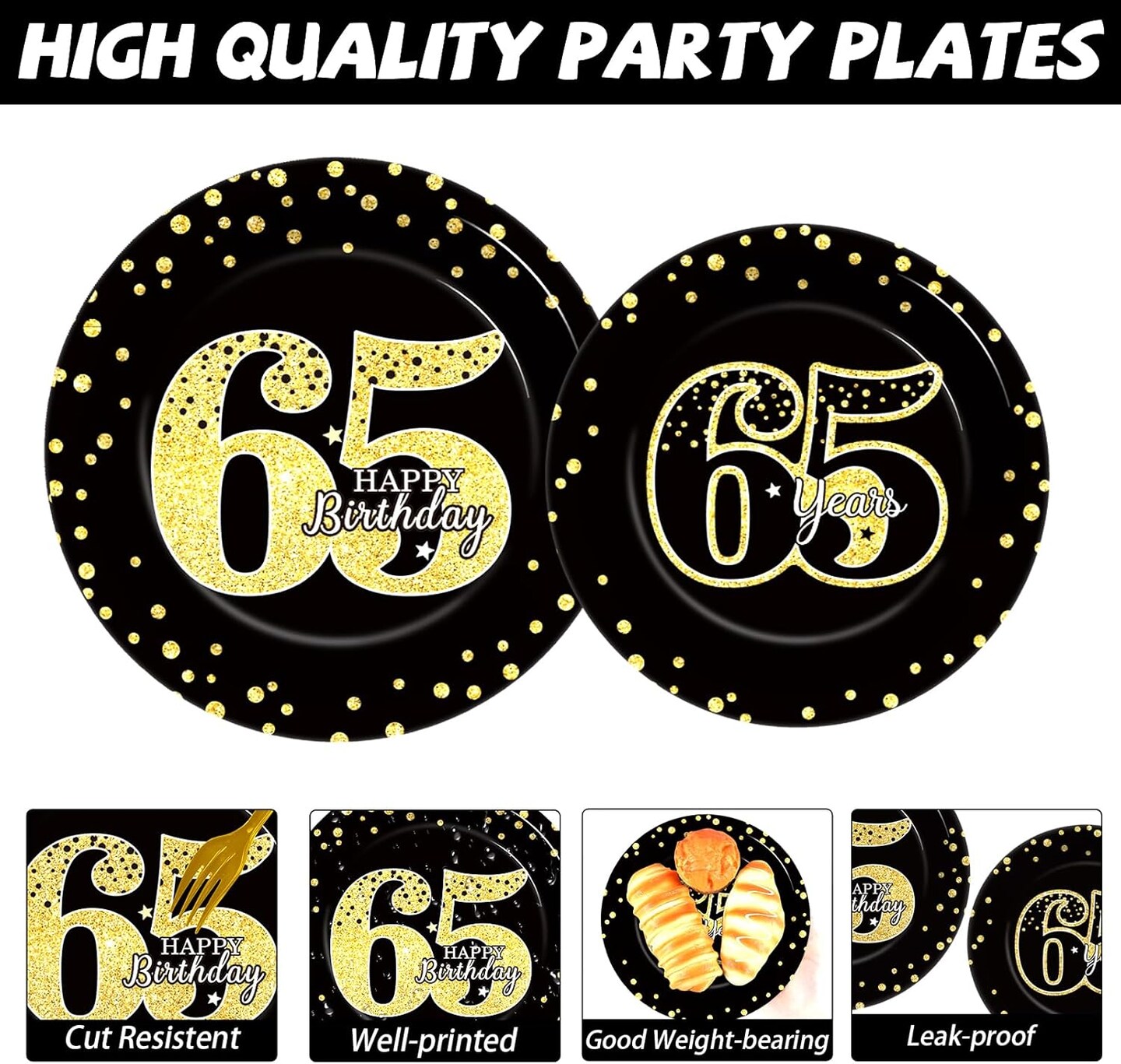 200Pcs 65th Birthday Party Supplies Happy 65th Birthday Gold Black Tableware Dinnerware Set 65 Years Old Plates and Napkins