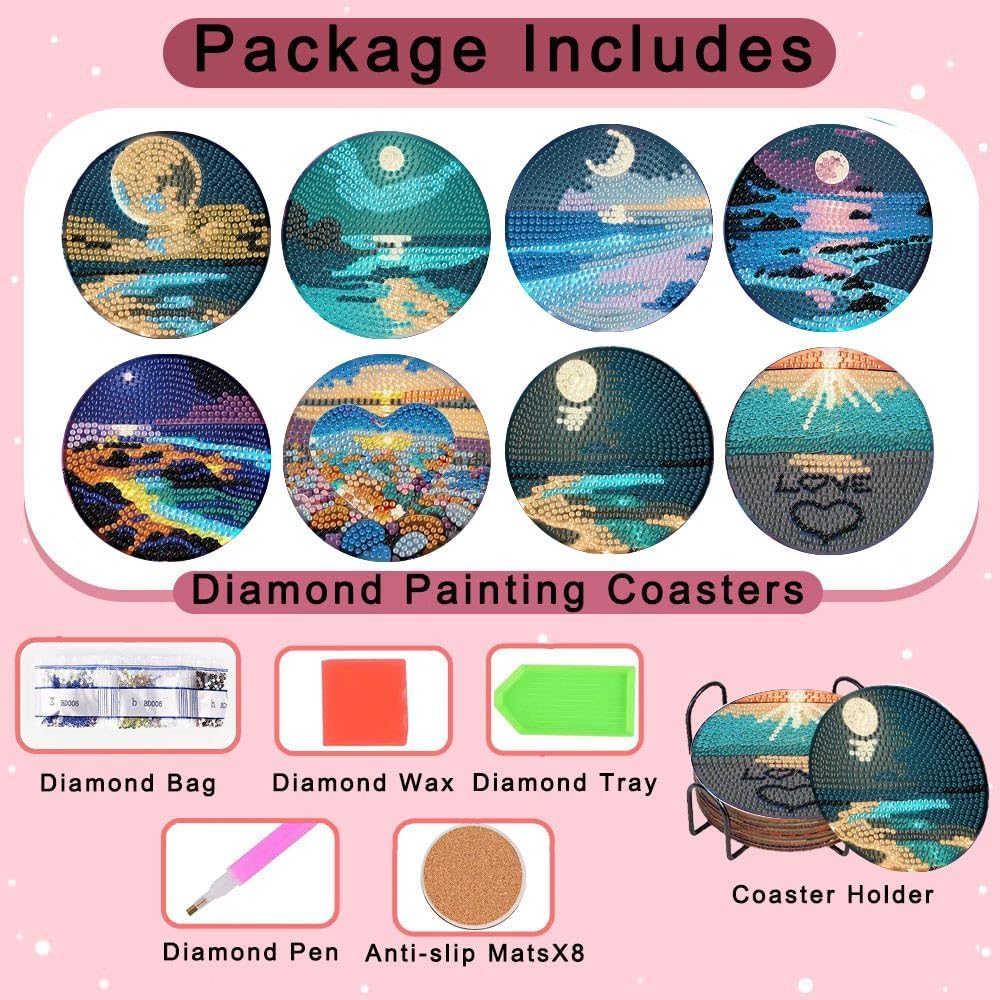 Beach Diamond Art Coasters Kit for Adults - 8 Pcs Diamond Painting Coasters Kit with Holder,Moon Landscape Diamond Art Kits for Adults Coasters Arts and Crafts Kits for Gifts