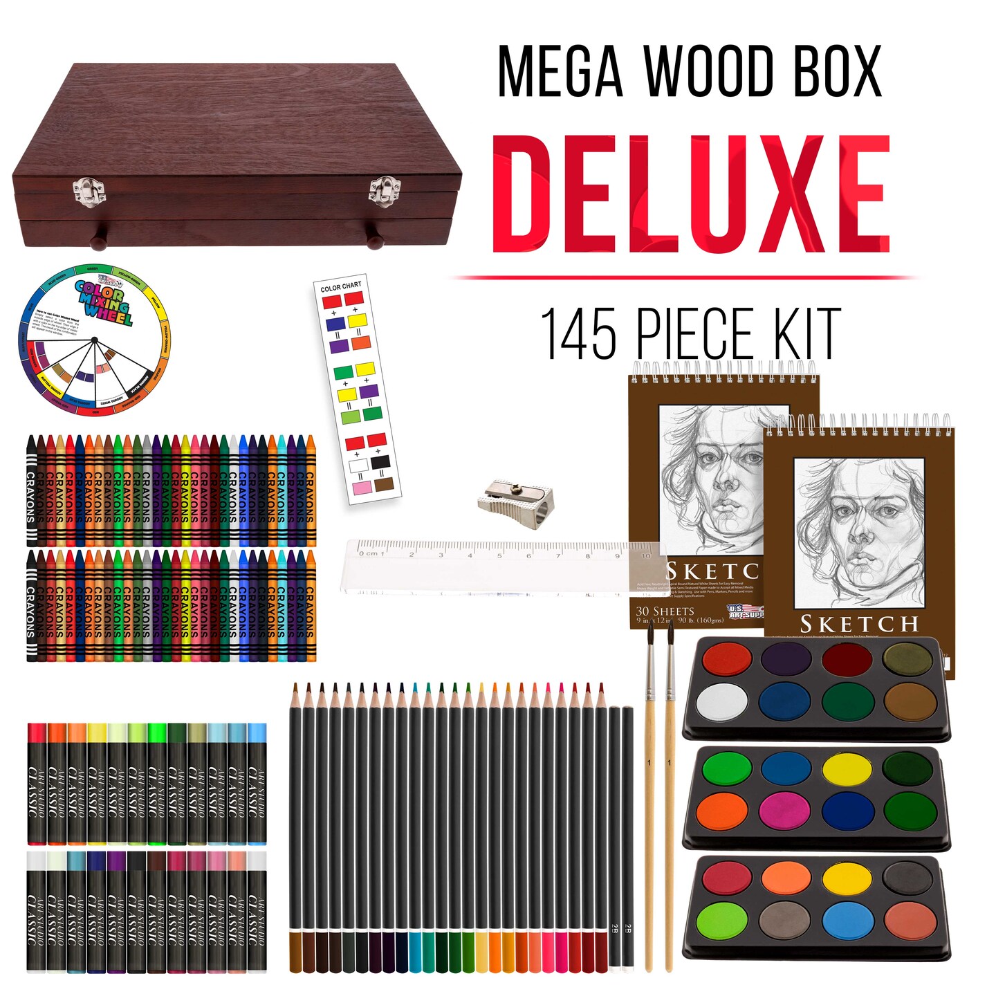 U.S. Art Supply 145-Piece Mega Wood Box Art Painting and Drawing Set, 2 Sketch Pads, 24 Watercolors, 24 Oil Pastels, 24 Colored Pencils, 60 Crayons