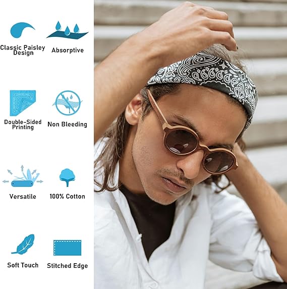 12 Pack Bandanas Multipurpose Cotton Novelty Paisley Bandana Headband for Cowboy Men Women 22 x 22