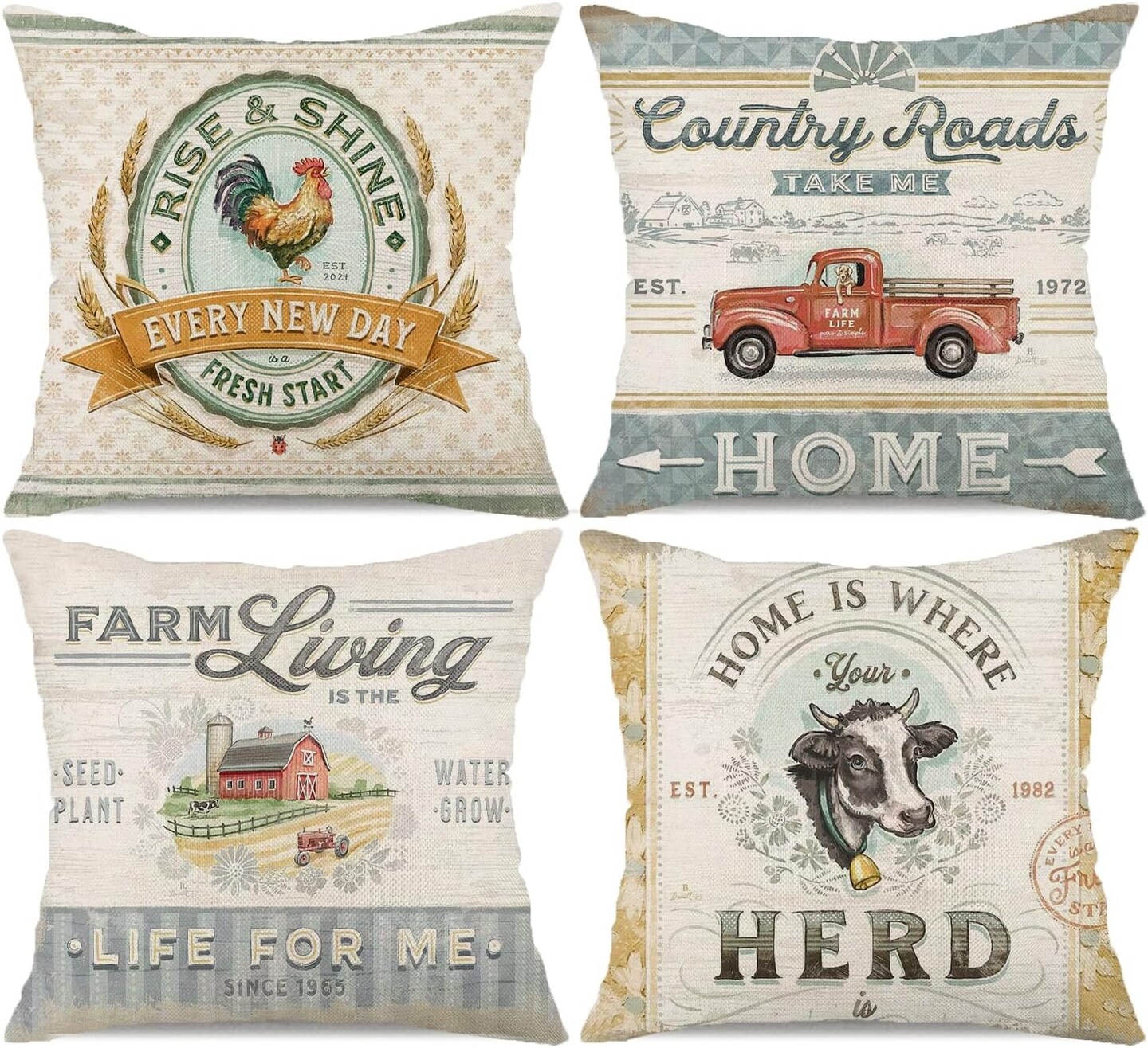 Farmhouse Animal Pillow Covers 18x18 Set of 4 Retro Farmer's Market Truck Rooster Sheep Feed Seed Premium Poultry Farm Home Décor Throw Pillow Case Cushion Cover for Sofa