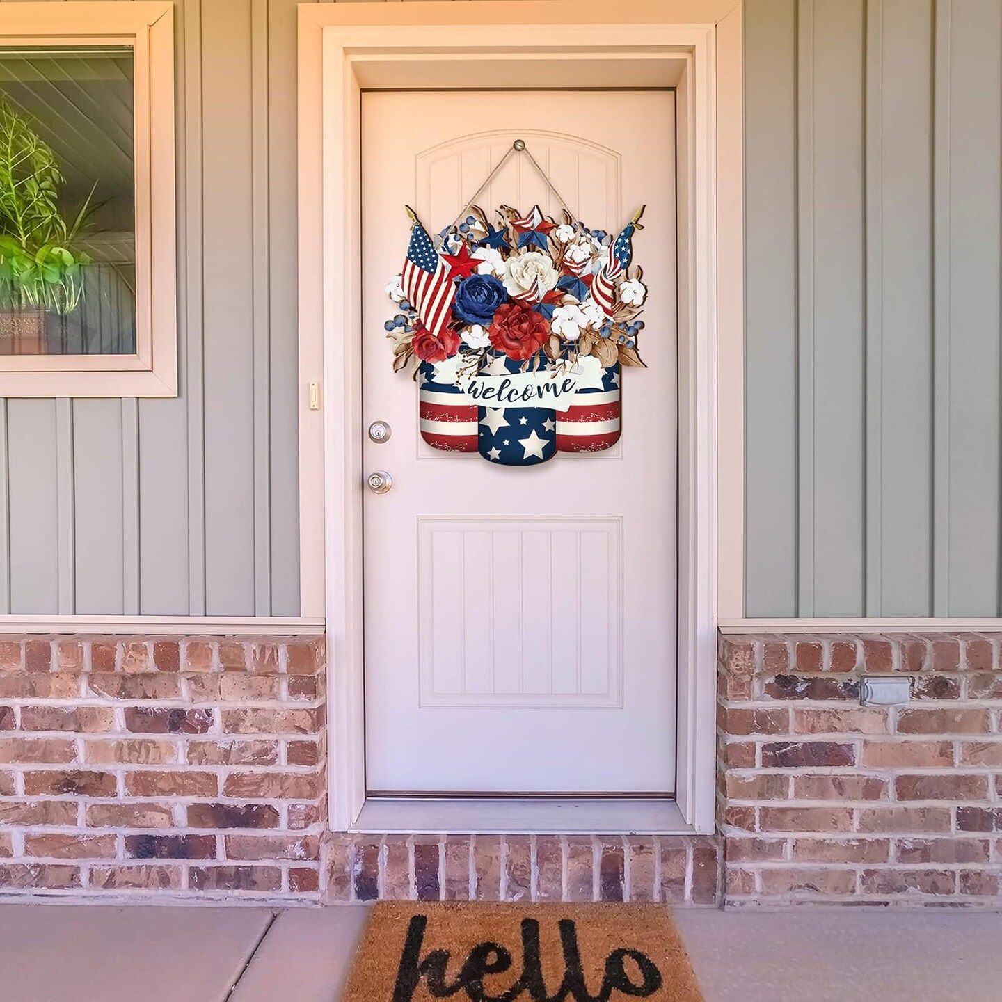 4th of July Decorations Patriotic Door Sign Wooden Memorial Day Wreath Red White Blue American Flag Door Hanger Independence Day Decor for Front Porch Wall Home Outdoor(Stylish)