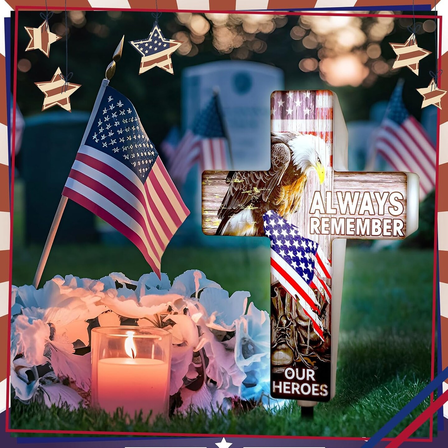 Memorial Day Patriotic Garden Stake Solar Lighted 4th of July Independence Veterans Day Solar Outdoor Yard Decorations