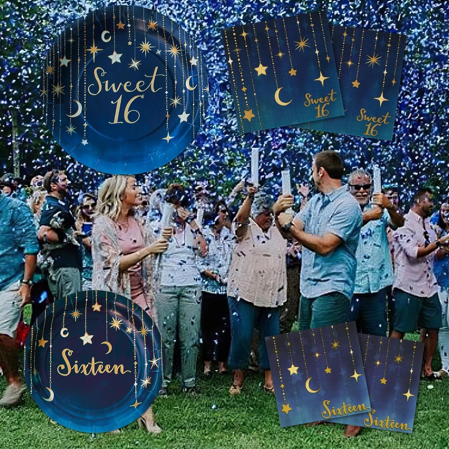 Sweet 16 Birthday Party for 16 guests! Includes 16 ea. 9&#x22; Plates, 7&#x22; Plates, Luncheon Napkins and Beverage Napkins. Navy &#x26; Gold Starry Night Design