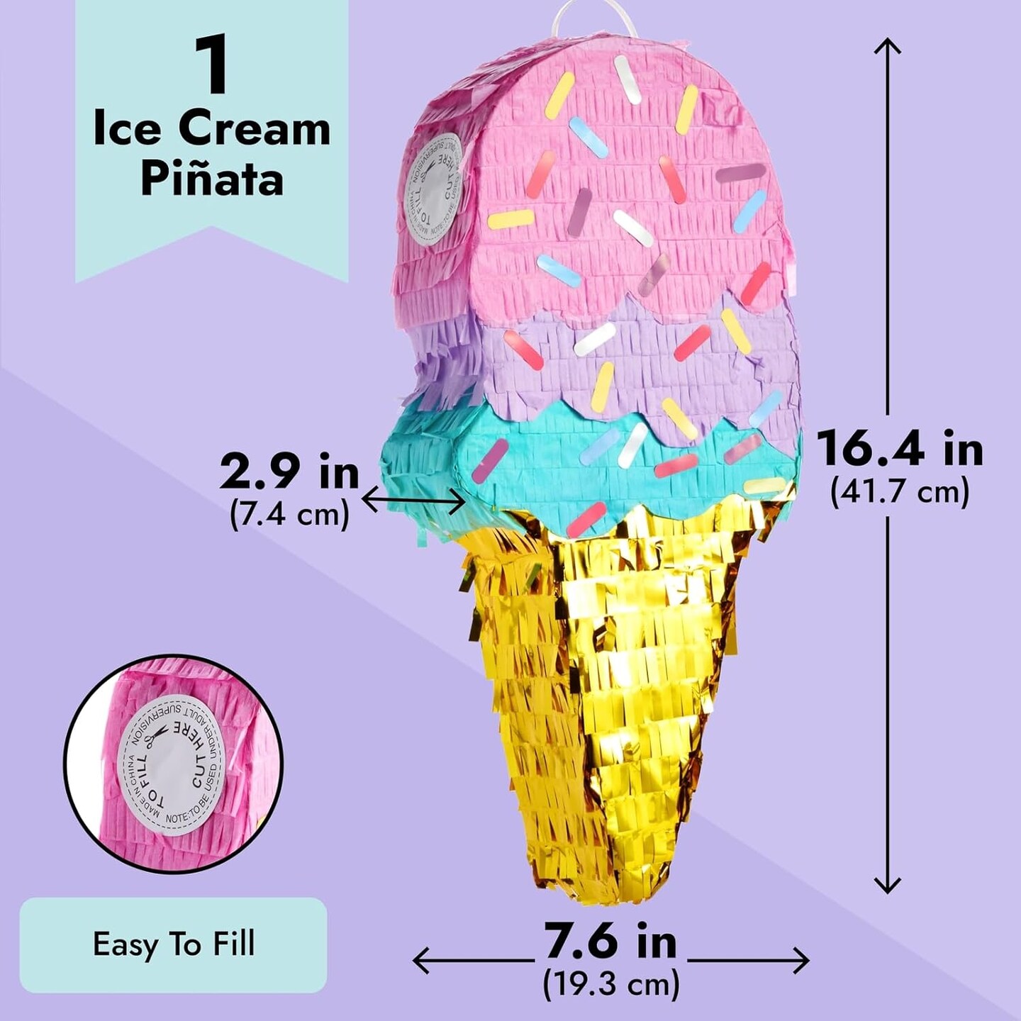 Ice Cream Pinata for Birthday Decorations, Summer Party Supplies (Small, 16.4 x 7.6 x 2.9 In)
