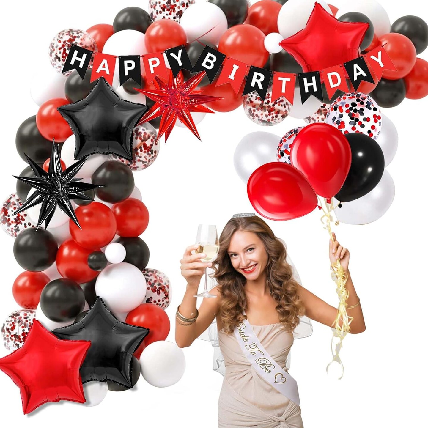 77PCS Red and Black Birthday Decorations for Women Men, Happy Birthday Banner Tablecloth Background Party Supplies, Confetti Star Red Black White Balloons Arch Kit Party Decorations