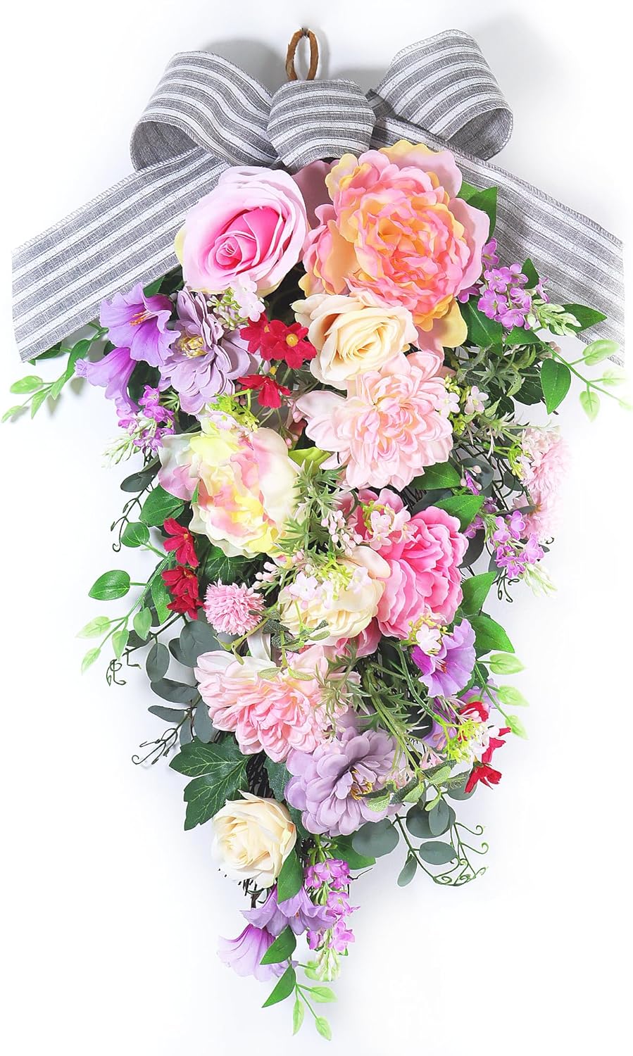 24-Inch Lighted Spring Peony Swag – Artificial Teardrop Wreath for Front Door