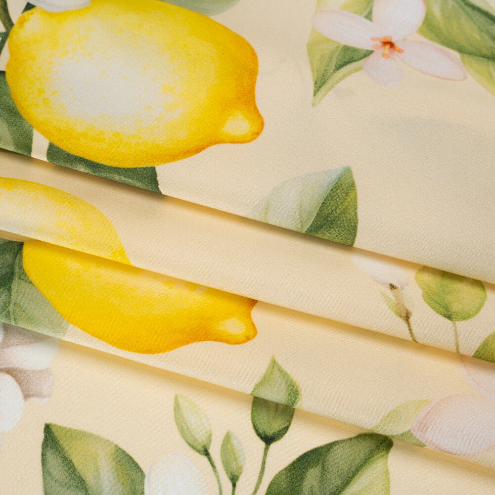 1 Yard Italian Silk Charmeuse Fabric Cream, Green and Yellow Blossoming Lemon Tree Print 53" Width