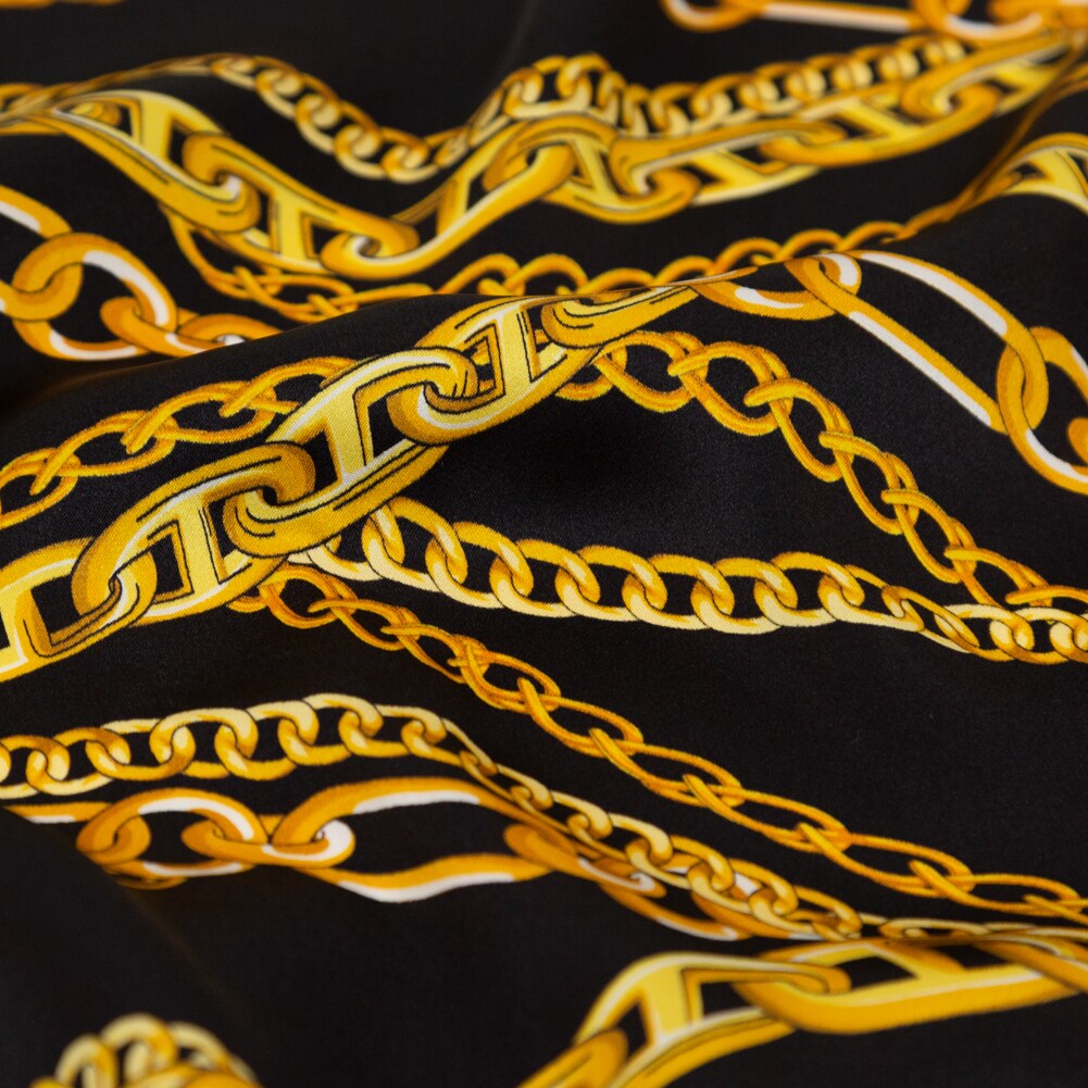 1 Yard Italian Black Bean and Gold Chains Digitally Printed Silk Charmeuse, 55 Inches Wide