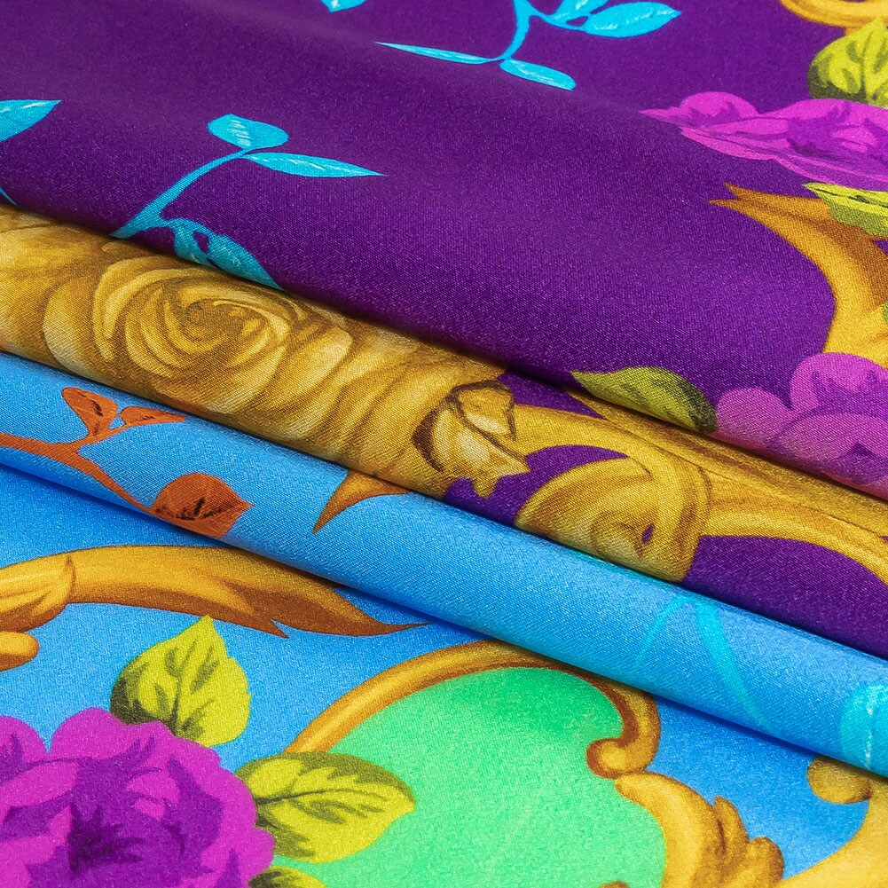 1 Yard Silk Charmeuse Royal Purple, Blue and Gold Rose Filigree, 53 Inches Wide
