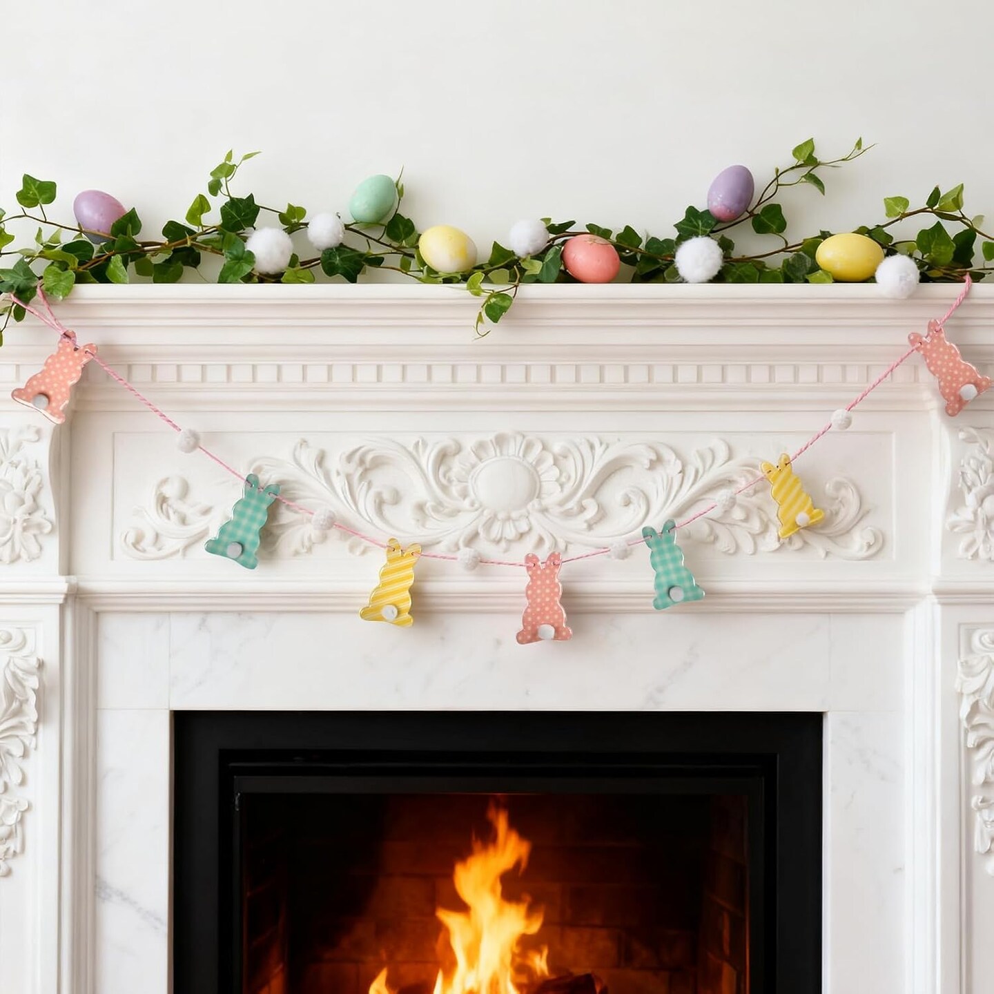 Easter Bunny Garland – 6 ft Resin-Coated Wooden Bunnies with Felt Pom ...