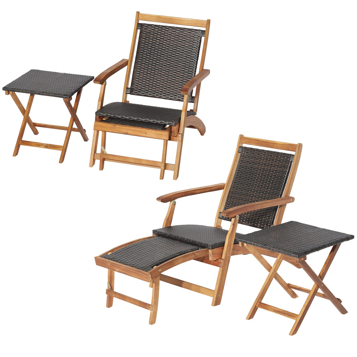 Patio Rattan Folding Chairs with Acacia Wood Table, 2-Piece Outdoor Set