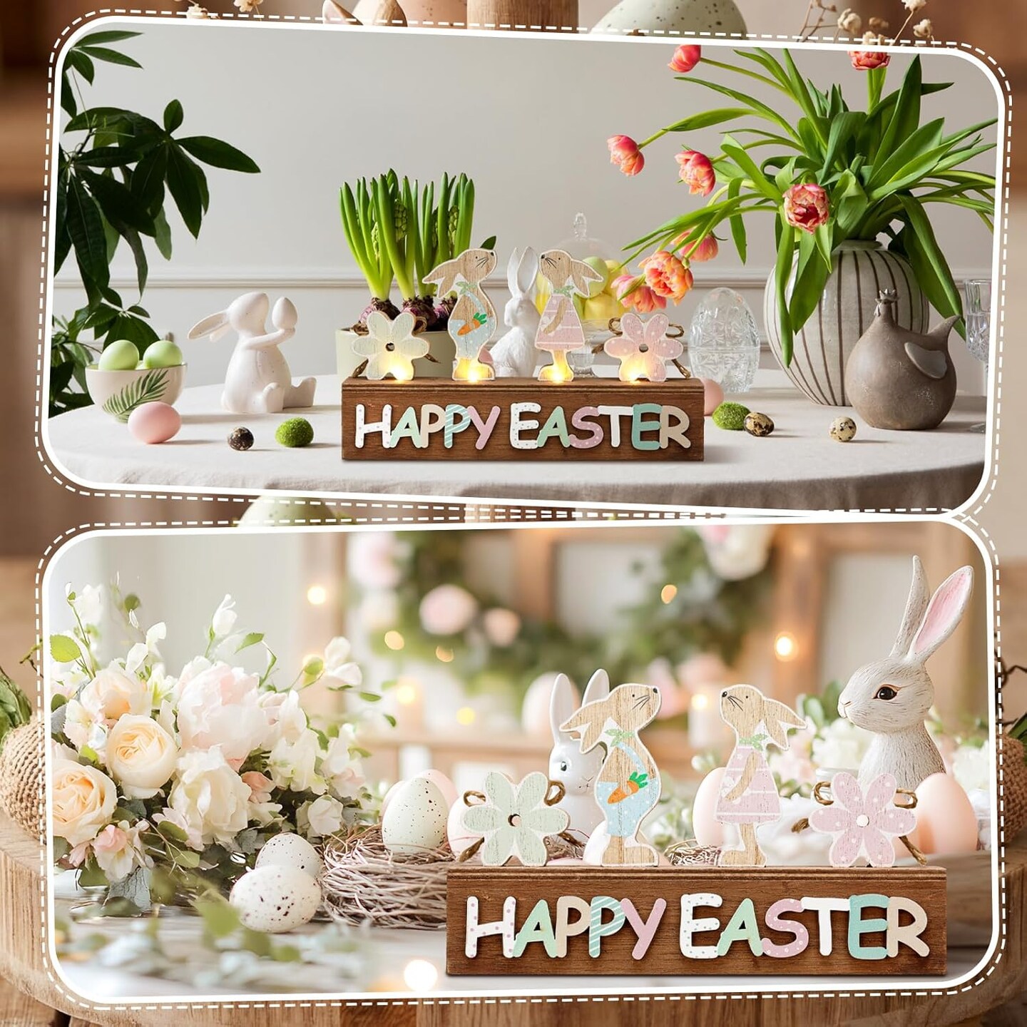 Light Up Happy Easter Sign Wooden Easter Bunny Decoration for Home, Easter Tabletop Decor Neutral Bunny Block Rustic Farmhouse Holiday Decorations for Dining Room, Kitchen, Spring Decor
