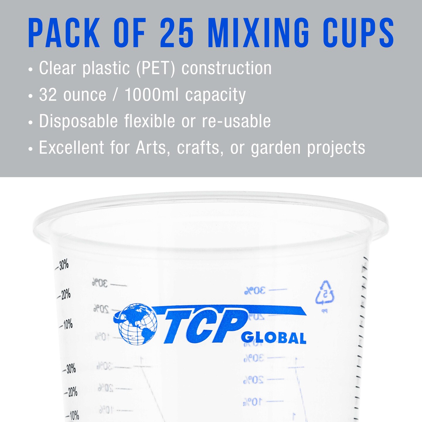 32 oz. (1000ml) Graduated Plastic Mixing Cups (Box of 25) - Disposable Plastic Measuring Cups for Liquids, Paints, Resin, Epoxy, Art, Kitchen - Ratios 2-1, 3-1, 4-1 ML