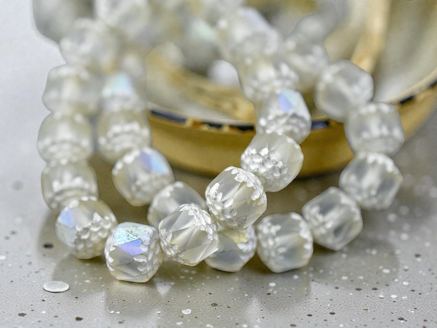 Antique Silver Washed Matte Crystal Ecru AB Fire Polished Cathedral Beads