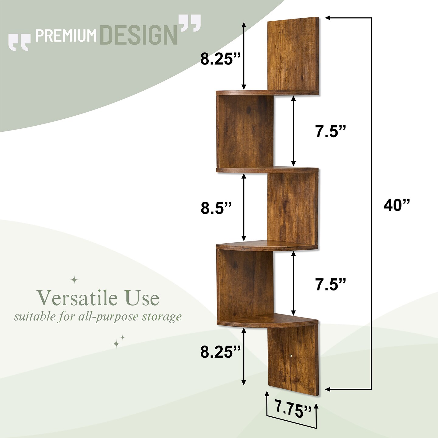 Sorbus 5-Tier Zig Zag Floating Corner Wall Bookshelf Unit - (40" Tall)