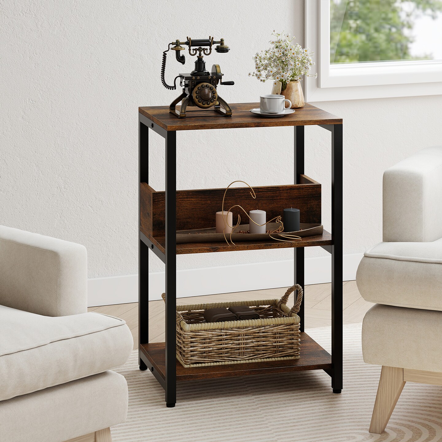 Rustic Brown Side End Table with Charging Station and Open Shelves