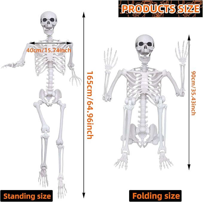 5.4Ft Halloween Life Size Skeleton,2PCS Posable Skeleton Full Body Size Realistic Human Bones with Movable Joints for Indoor Outdoor Halloween Decoration (Grey)
