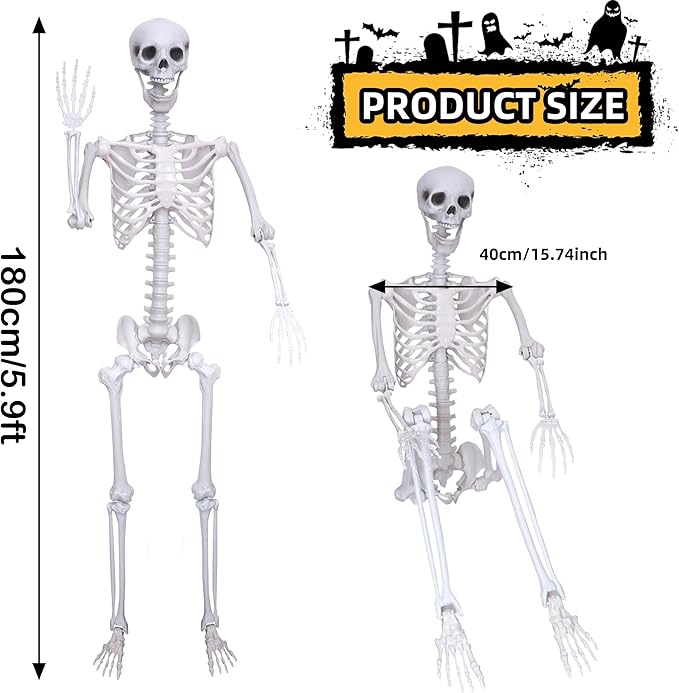 5.9Ft Halloween Skeleton Posable Skeleton Life Size Skeleton Plastic Full Body Human Skeleton for Halloween Decorations