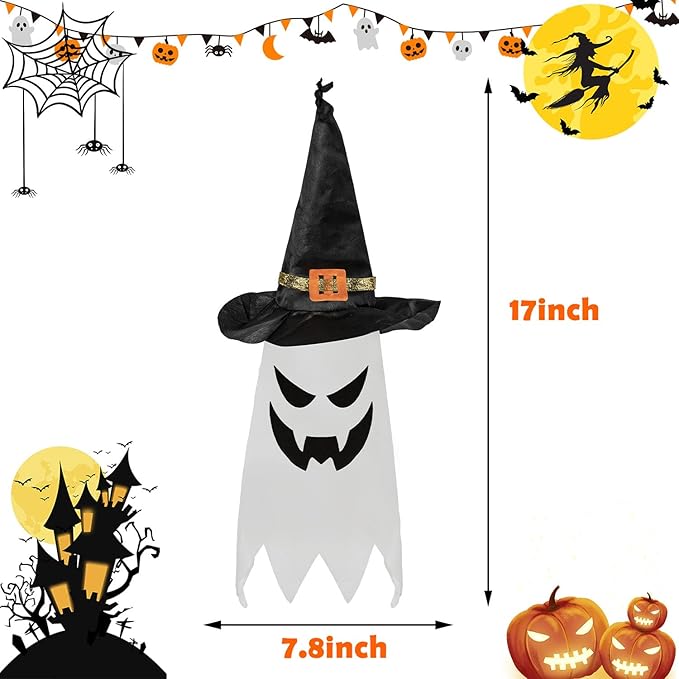 5 PCS Hanging Halloween Lighted Glowing Ghost Witch Hat Outdoor Ornaments,Halloween Decor for Halloween Party Indoor Outdoor Home Tree Garden Yard,Halloween Party Favors