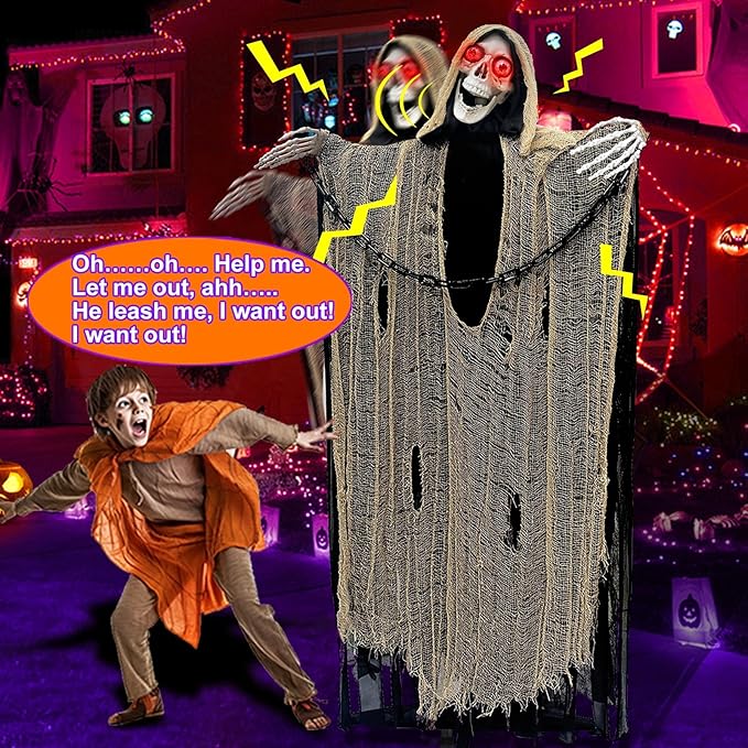 [ Sound Activated ] 65&#x22; Talking Halloween Animatronic Grim Reaper Decorations Outdoor Standing Skeleton with Chain Light Up Eyes Creepy Sound Life Size Halloween Decor Haunted House Prop Yard