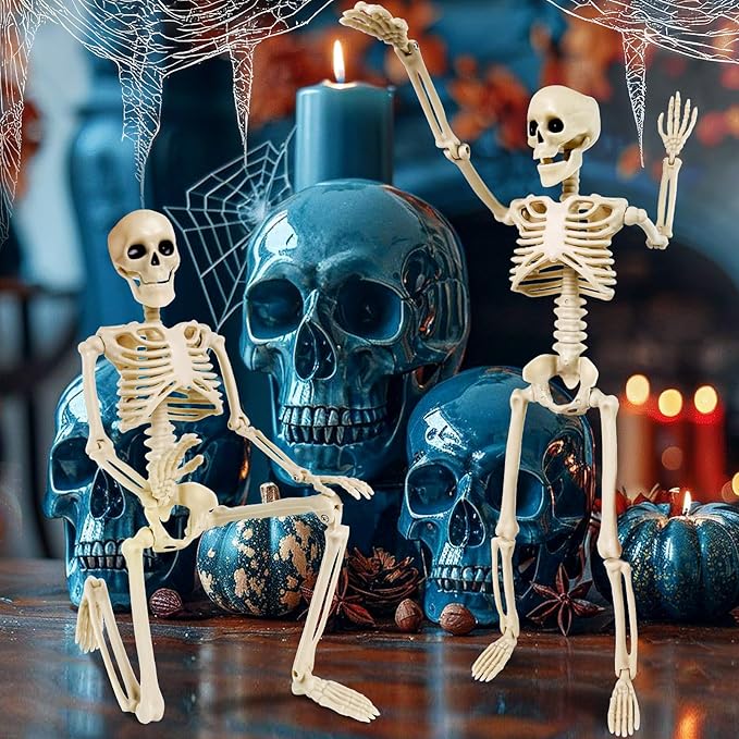 16" Poseable Skeletons with Full Body Movable Joints, Indoor and Outdoor Spooky Décor for Halloween Parties, Haunted Houses, and Yard Decorations