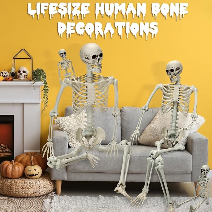 4 Pcs Giant Halloween Skeletons Life Size Decoration 6ft 5.4ft 1.3ft Poseable Skeleton Full Body Plastic Halloween Bones Haunted House Props Outdoor Yard Garden Creepy Halloween Decoration