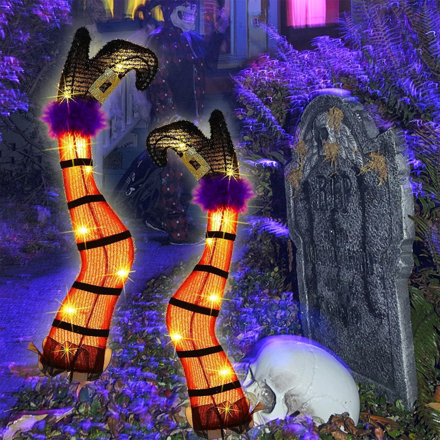Set of 2 Halloween Lighted Wicked Orange Witch Legs with Stakes