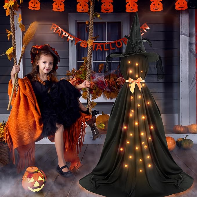 Spooky Lighted Witch Halloween Decor with Light Strings Battery Operated, Scary Standing Witch Decor for Halloween Festive Outside Yard Lawn Garden Front Porch
