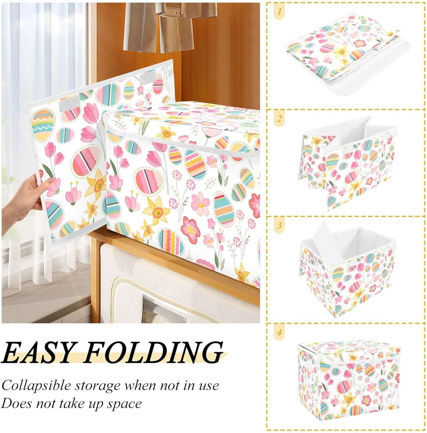 Easter Flower Eggs Storage Bins with Lids and Carrying Handle,Foldable Storage Boxes Organizer Containers Baskets Cube with Cover for Home Bedroom Closet Office Nursery