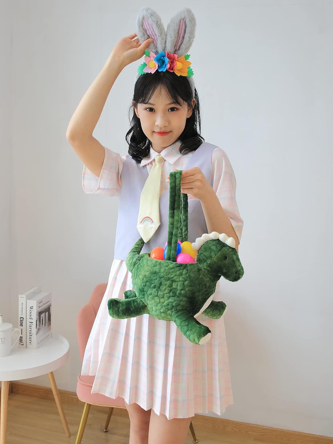 Adorable 3D Green Plush Dinosaur Basket Easter Basket Easter Egg Hunting Basket Halloween Trick or Treat Basket