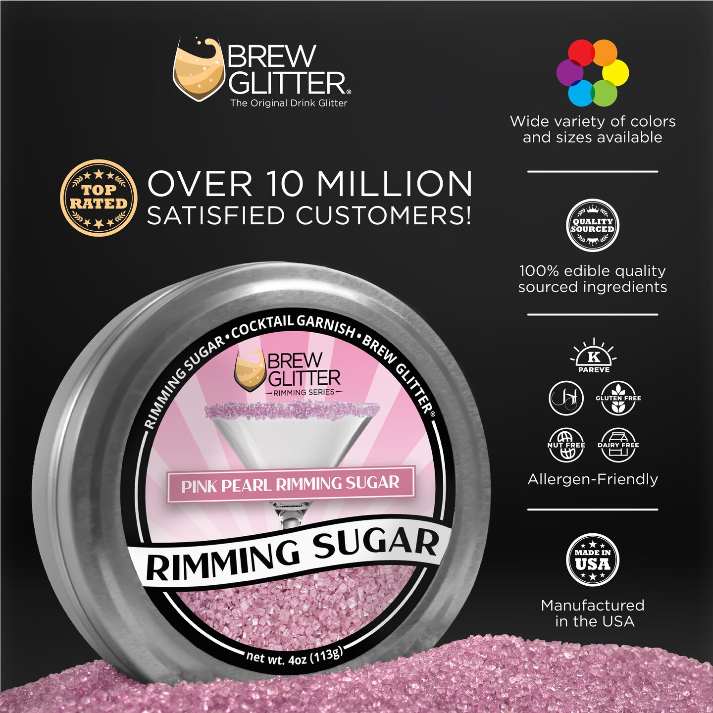 Brew Glitter - Pink Pearl Rimming Sugar (4oz, 1x Bar Tin) Cocktail Garnish for Mixed Drinks &#x26; Refreshments