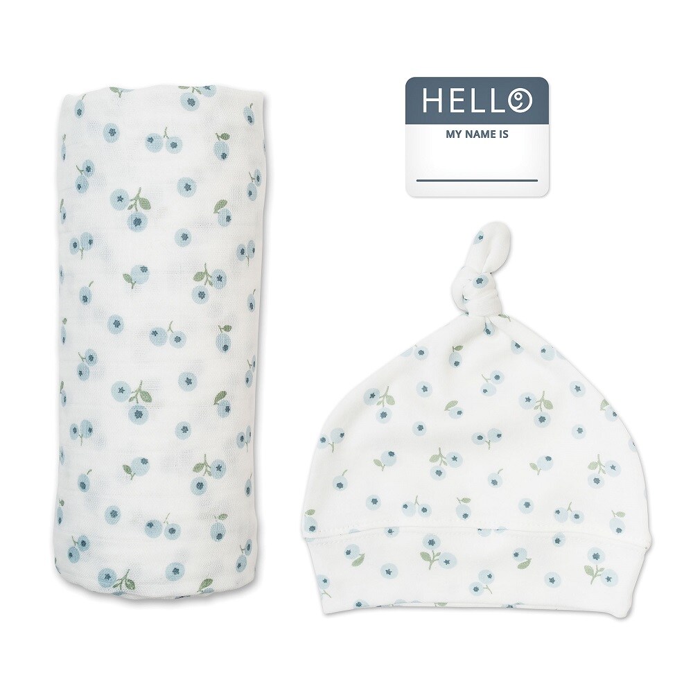 Hello World Baby Hat &#x26; Swaddle Set - Blueberries by Lulujo