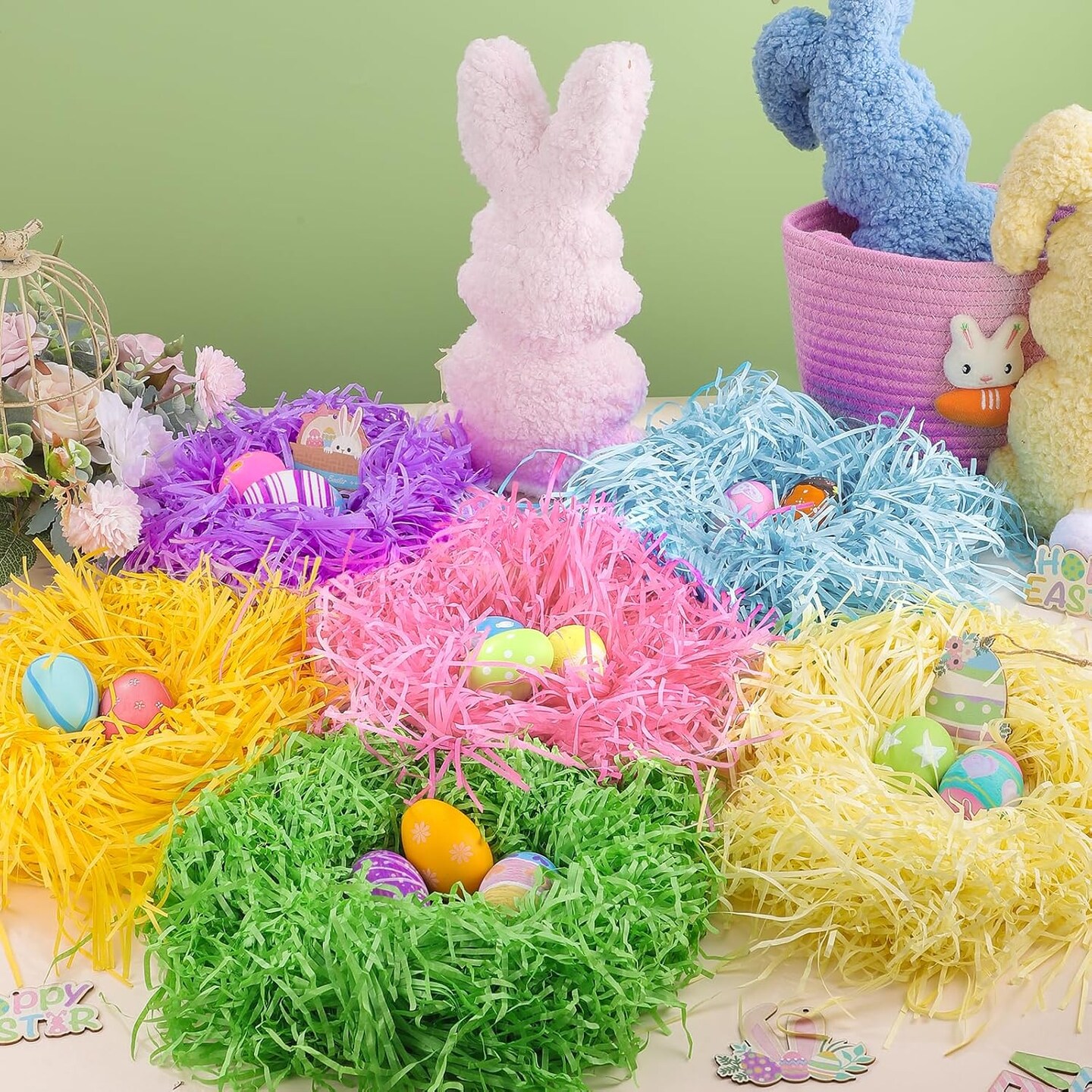 Easter Grass Basket Filler 10.6 oz (300g), 6 Colors Crinkle Paper Shredded Paper for Gift Baskets Easter Egg Hunt Gift Wrapping Boxes Bags Filler Decorations